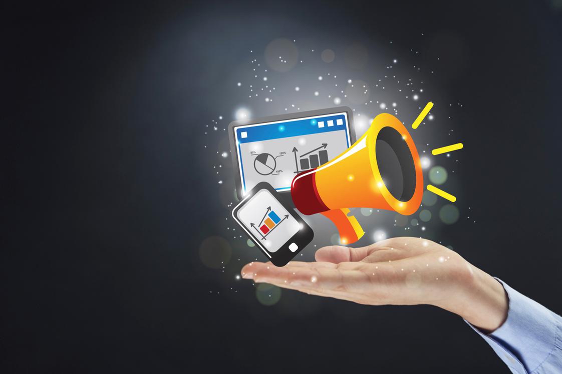 Marketing megaphone with digital promotion icons