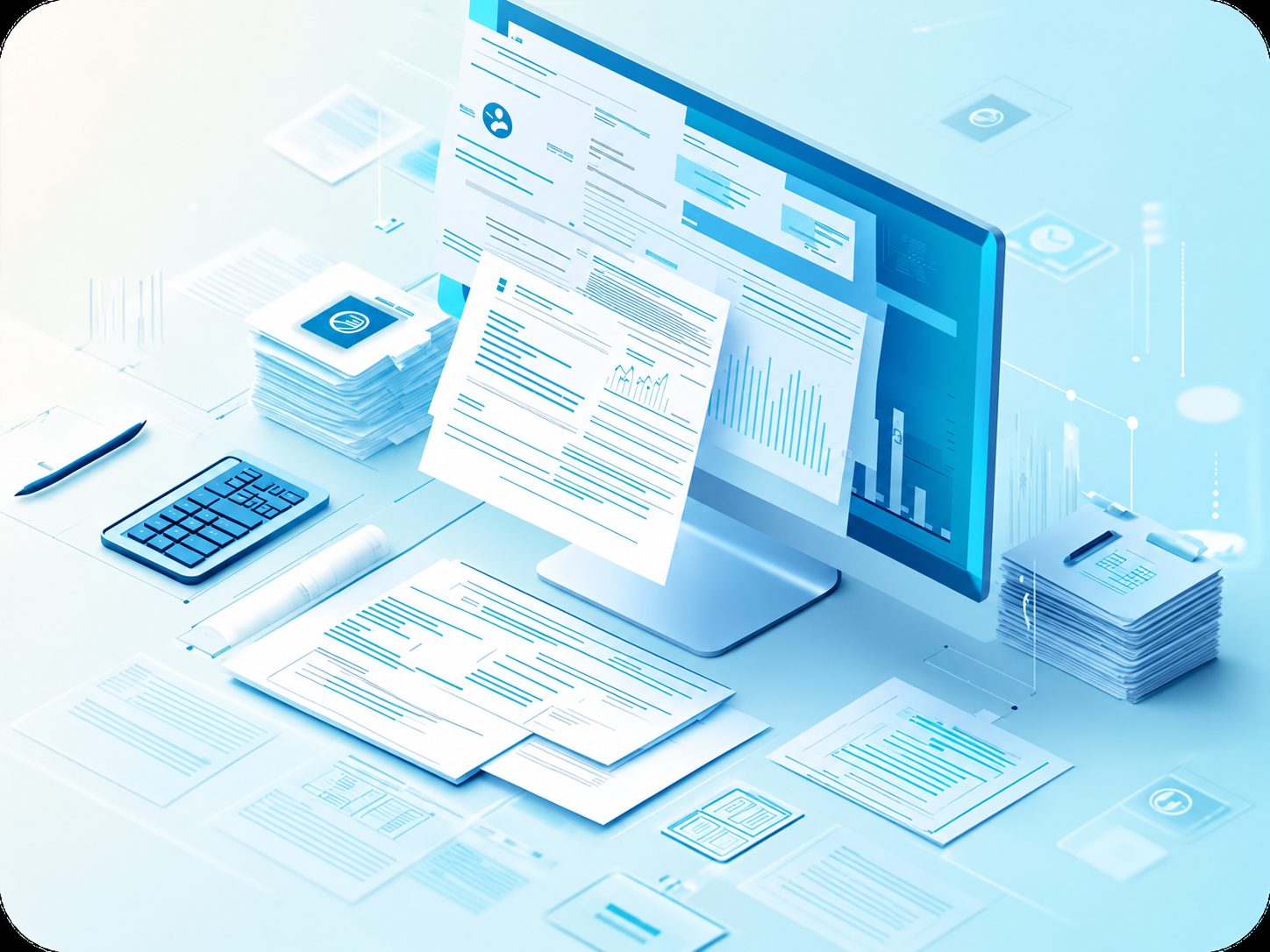 Digital invoicing workstation with estimates, invoices, payment tracking, and no mirrored reflection