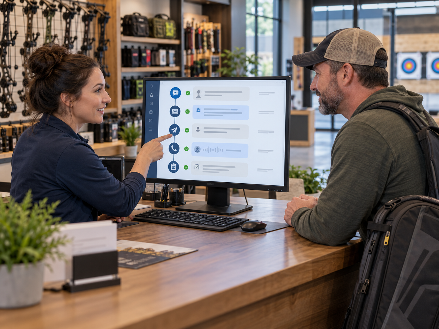 Archery range front desk reviewing a chronological customer communication timeline