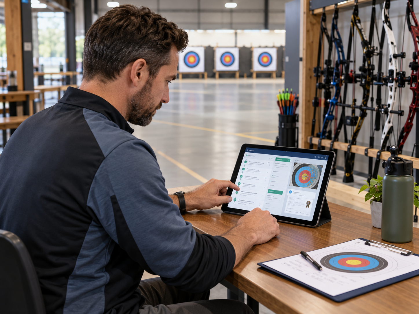 Archery coach reviewing timestamped progress notes, an annotated target, and secure member documents on a proportionate tablet