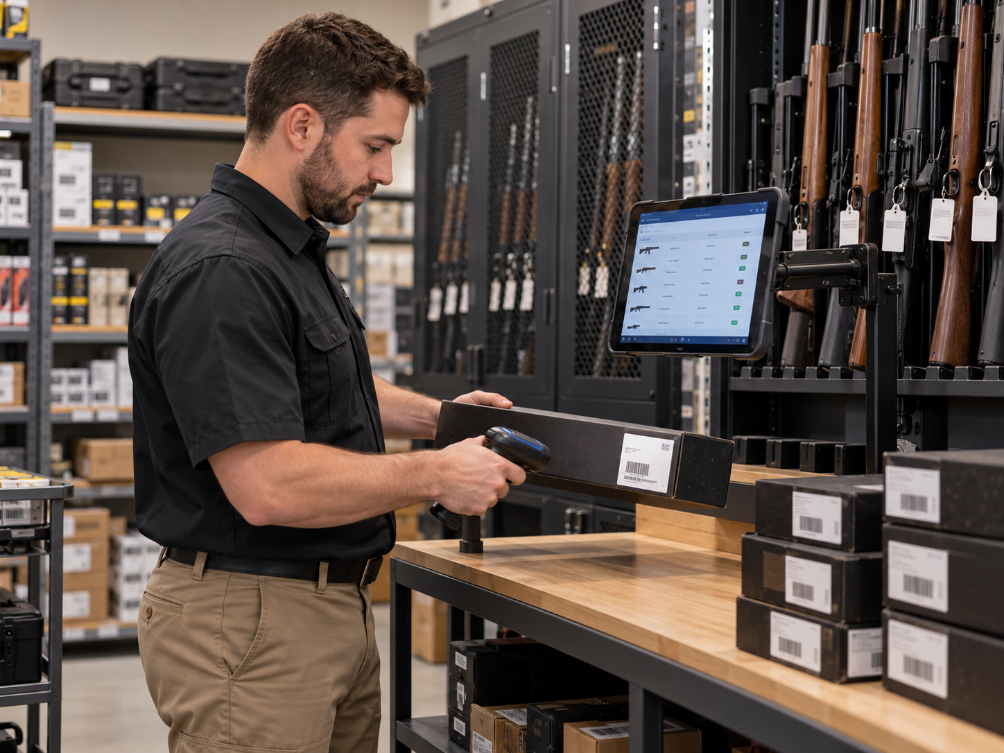 Gun store employee scanning serialized firearm inventory beside secured stock racks and a live inventory tablet