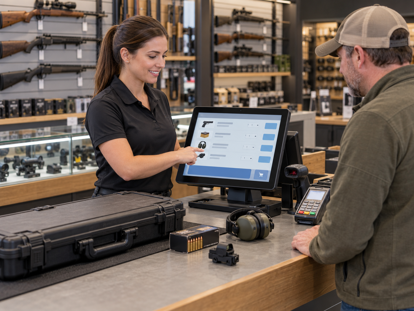 Gun store employee processing a unified checkout for a secured firearm, ammunition, hearing protection, and accessories