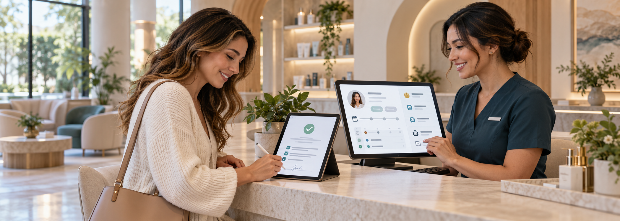 Medical spa client completing digital intake while staff reviews her unified CRM profile and visit history