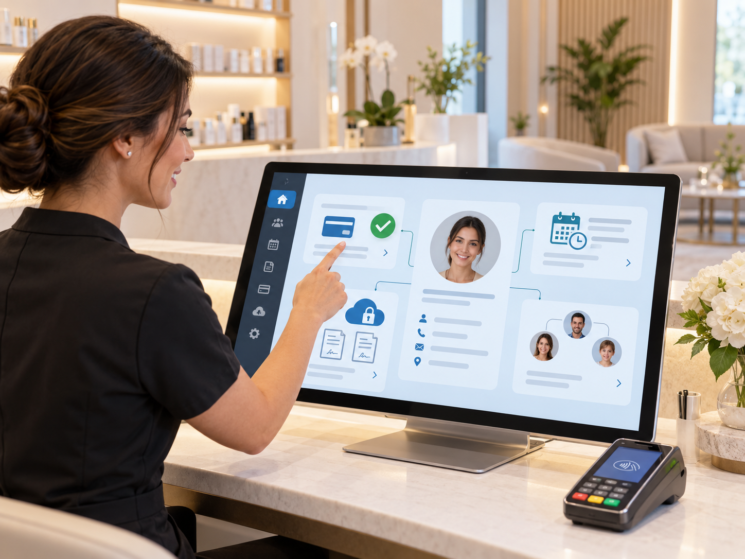 Medical spa CRM synchronizing checkout, appointments, secure cloud documents, and linked family profiles
