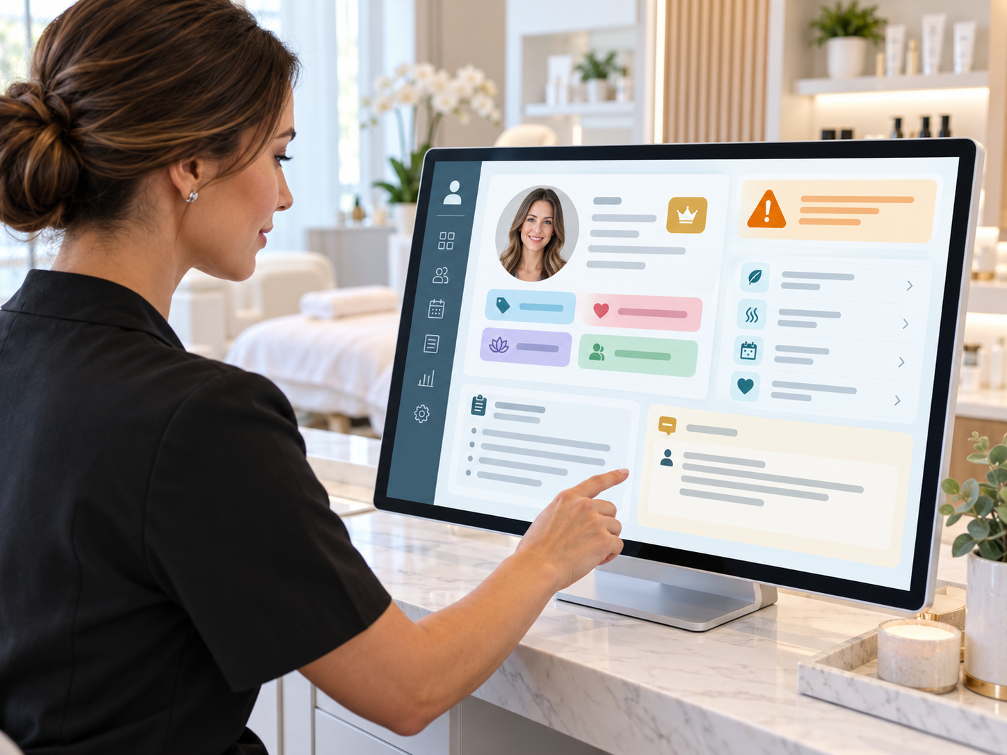 Medical spa coordinator reviewing client preference tags, VIP status, profile alerts, and private staff notes