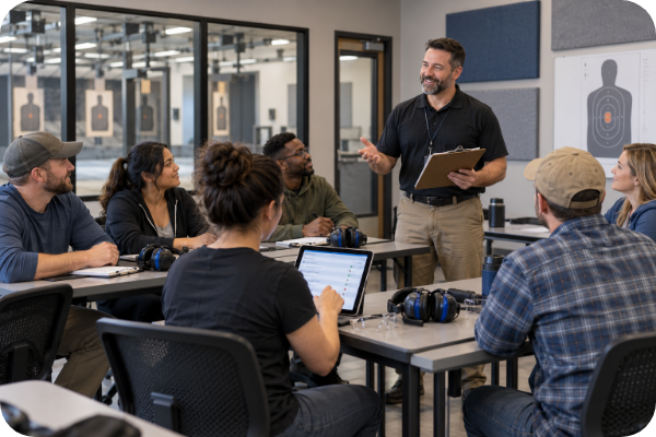 Instructor leading a full firearm safety training class with digital roster check-in